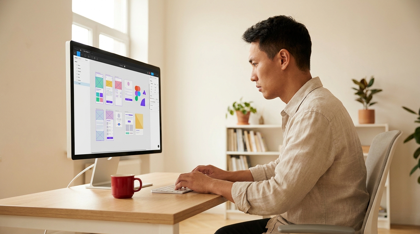 Dizajnér pracujúci s Figma rozhraním pri návrhu webstránky