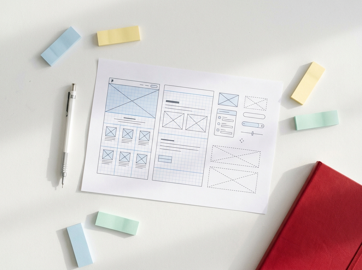 Figma wireframe a dizajnové komponenty rozložené na pracovnom stole