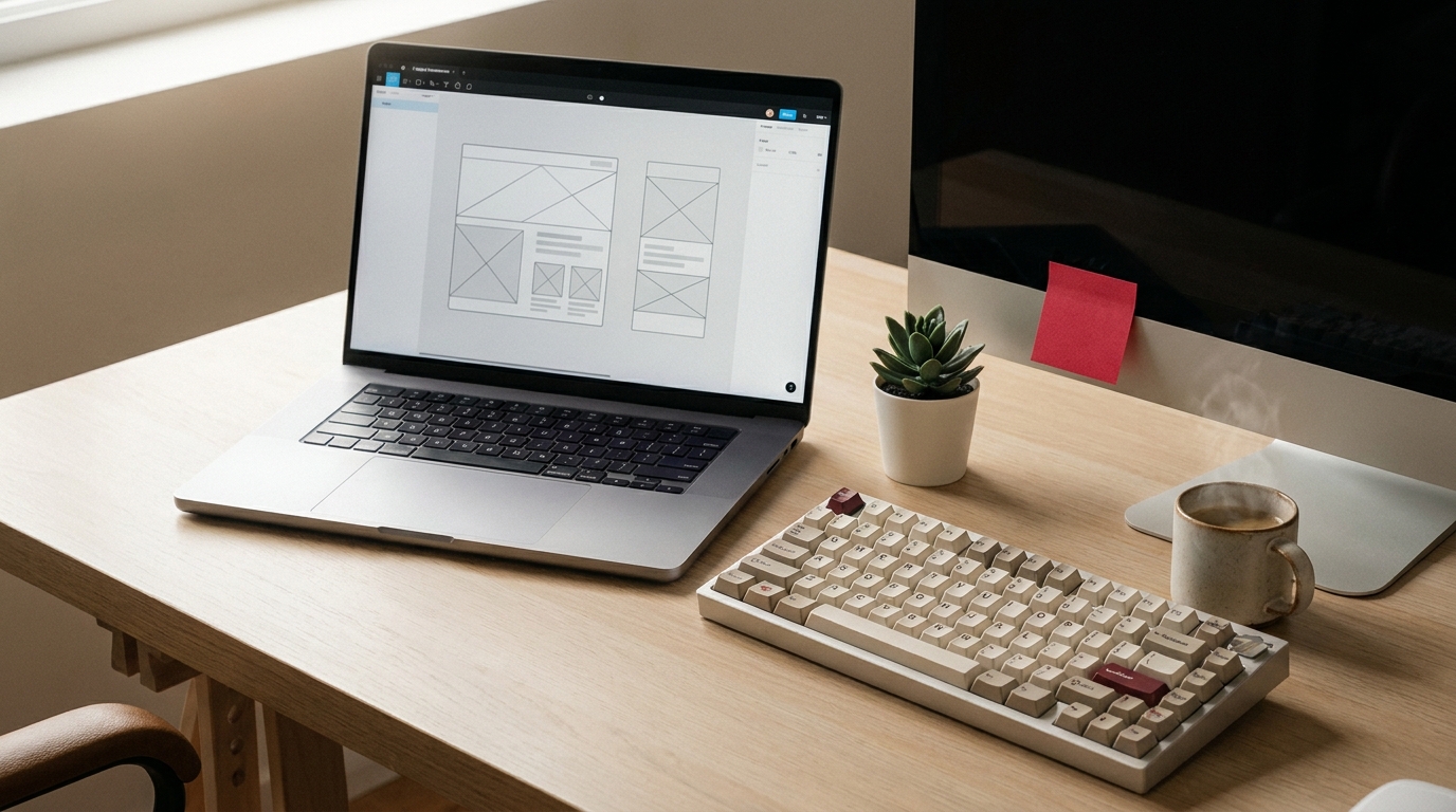 UX/UI dizajn pracovisko s Figma wireframami na notebooku