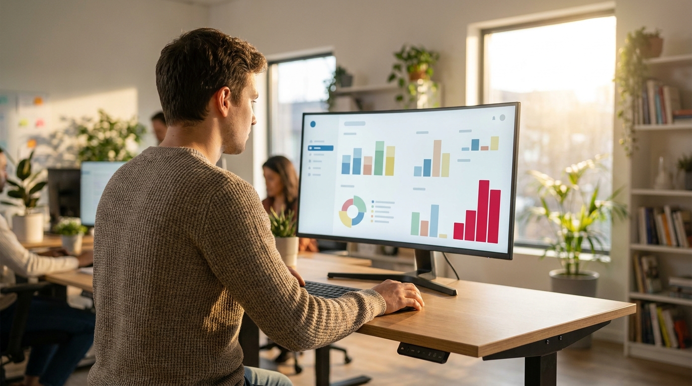 Vývojár analyzuje Next.js výkonnostný dashboard na monitore